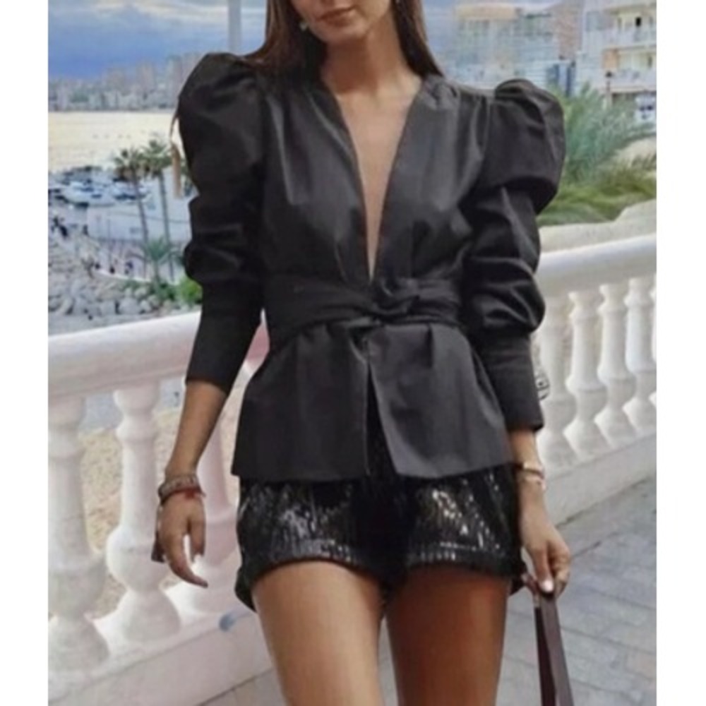 Zara BALLOON SLEEVE JACKET WITHOUT TIE bloggers fav small black